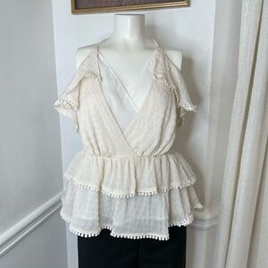 Fab’rik Cream Tiered Ruffle Halter Top • Boho Pom Pom Peplum L